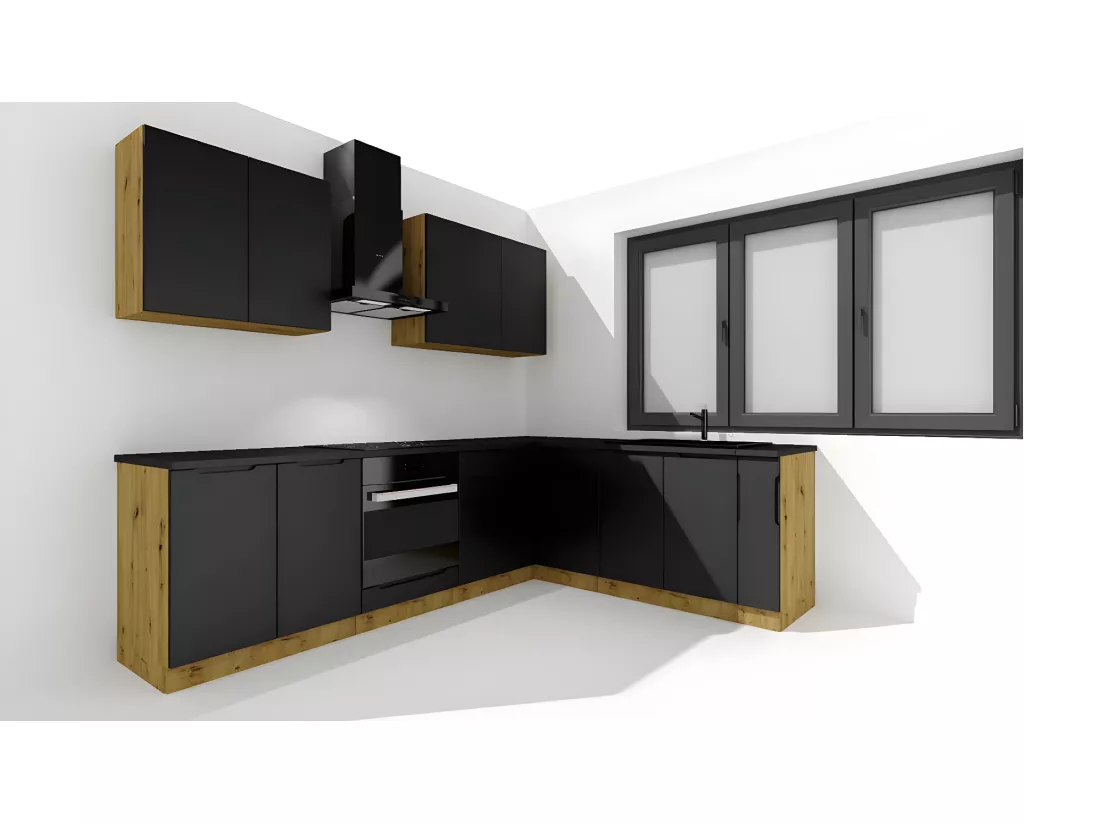 Cuisine complète d'angle ISYA 9 éléments couleur Noir/Chêne Artisan - Longueur 200/260 cm