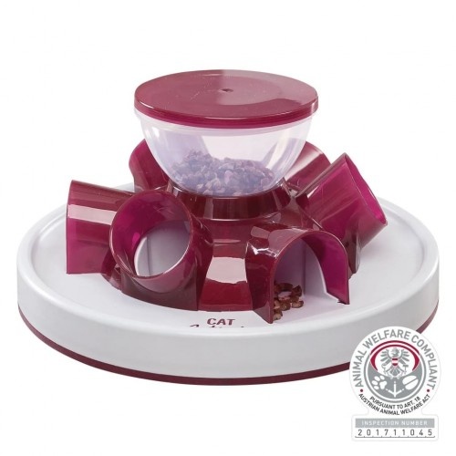 Alimentador interativo Trixie Cat Activity, vermelho e branco, para gatos.