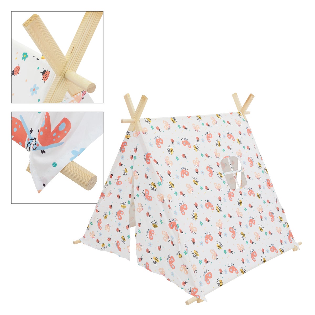 ECD Duitsland Tipi Speeltent voor Kinderen 117x108x105 cm, Indianentent Wit met Kleurrijke Motieven, Binnen/Buiten, Tipi Kindertent met 2 Deuren en een Raam, Kinderkamer Speelhuisje voor Meisjes/Jongens