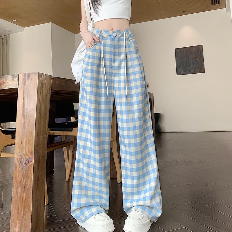 Tel tot 10 - Mid Rise Gingham Wide Leg Pants