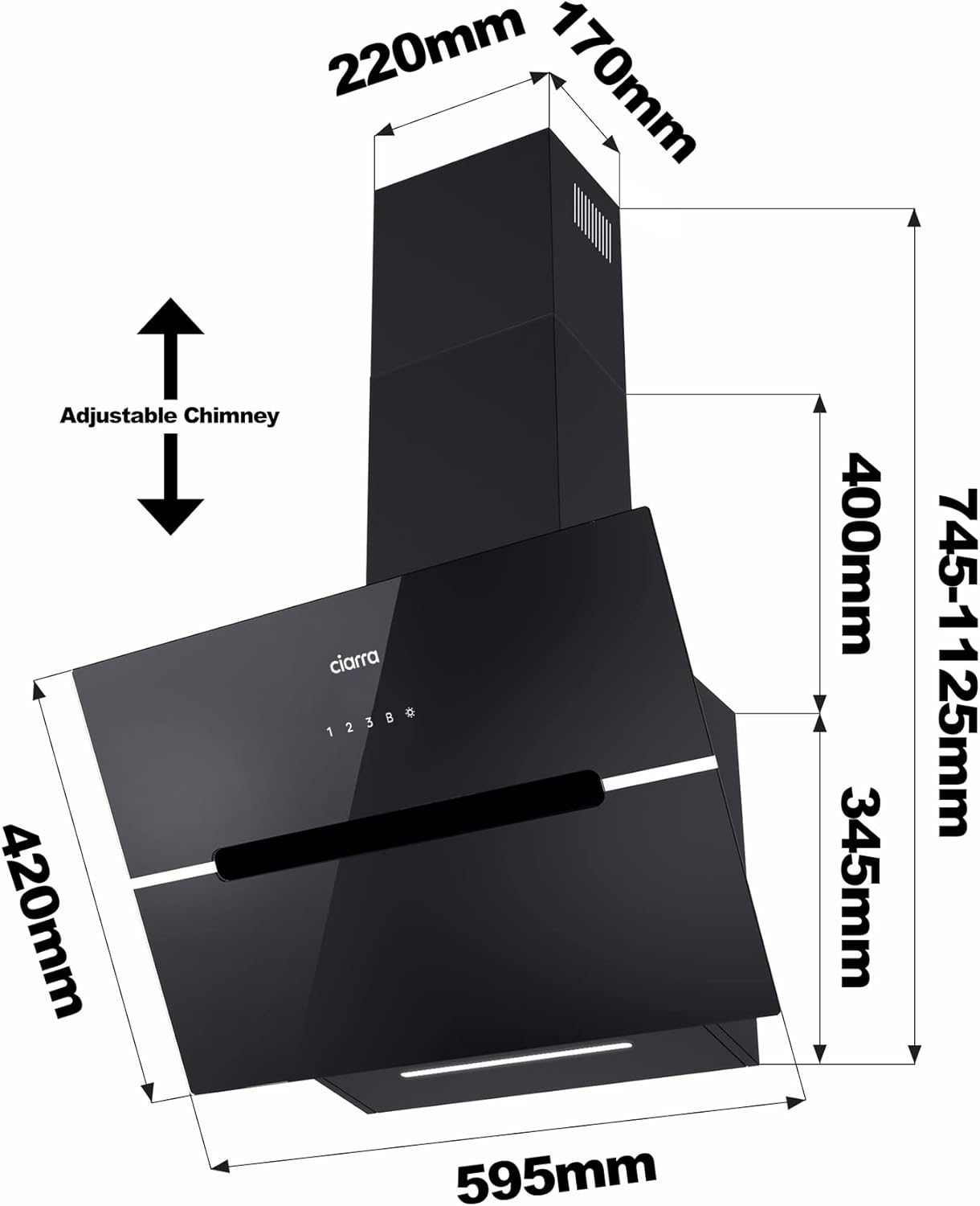 CIARRA CBCB6736F A+++ Dunstabzugshaube 60cm Umluft Kopffreie Schräghaube 650m³/h Wi-Fi App Touch-Bedienung Booster Abluft Dunstabzug LED-Beleuchtung mit CBCF003 Kohlefilter Schwarz