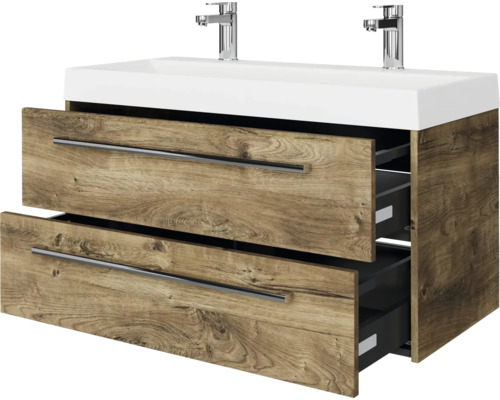 Badkamermeubelset Pelipal Milano (B x H x D): 100 x 56,9 x 45 cm, frontkleur: Ribbeck eiken, met wastafel in wit mineraalglas (SET-138-033)