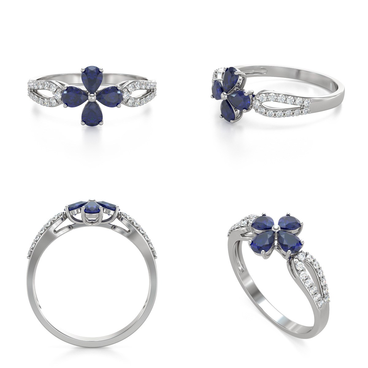 Bague ADEN Or 585 Blanc Fleur Saphir et diamants 1.95grs