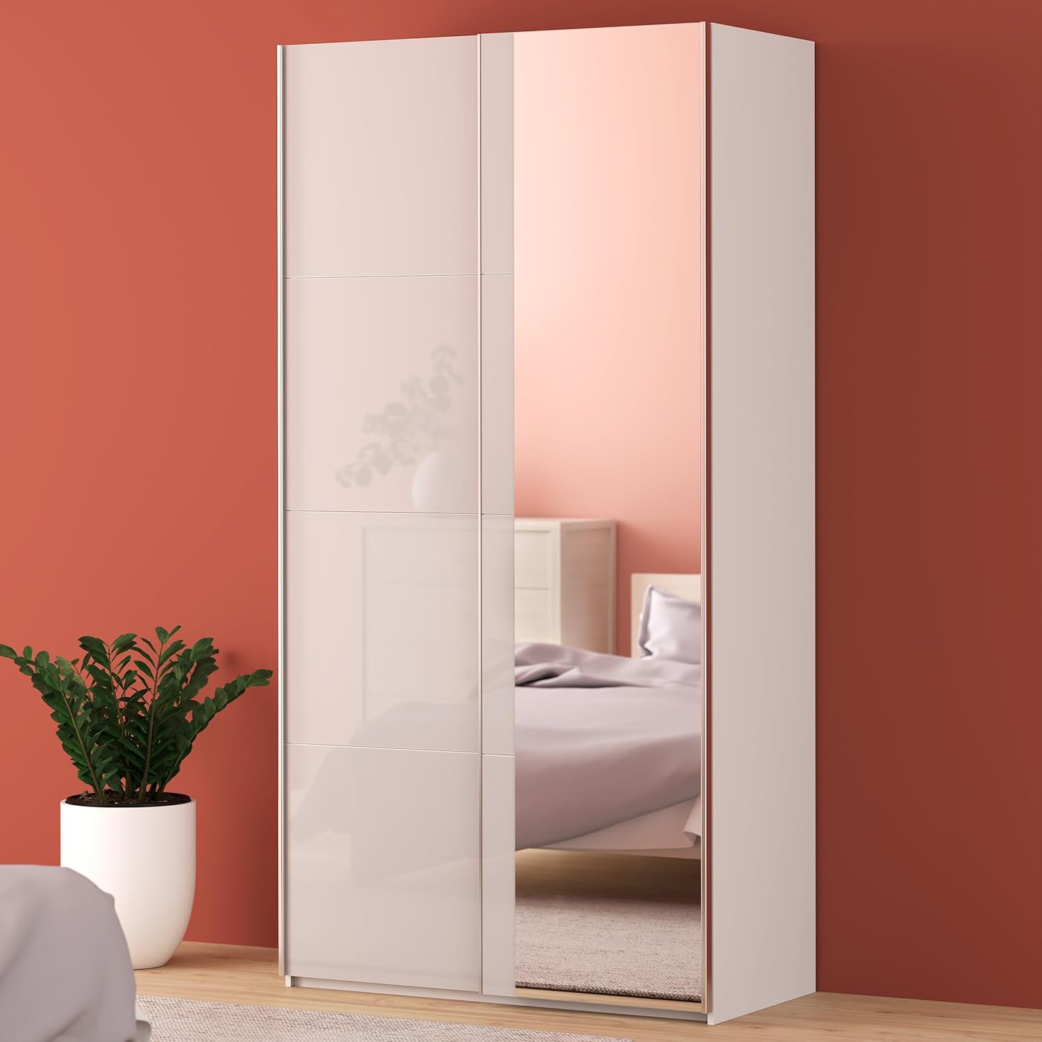 Forte FITTIO Kleiderschrank 120, moderner Schwebetürenschrank, 2-türig, Kleiderstange, Einlegeböden, Spiegel, Schlafzimmer, Holzwerkstoff, Weiß Hochglanz, 120,1 cm breit x 235 cm hoch x 61,2 cm tief HP8300105