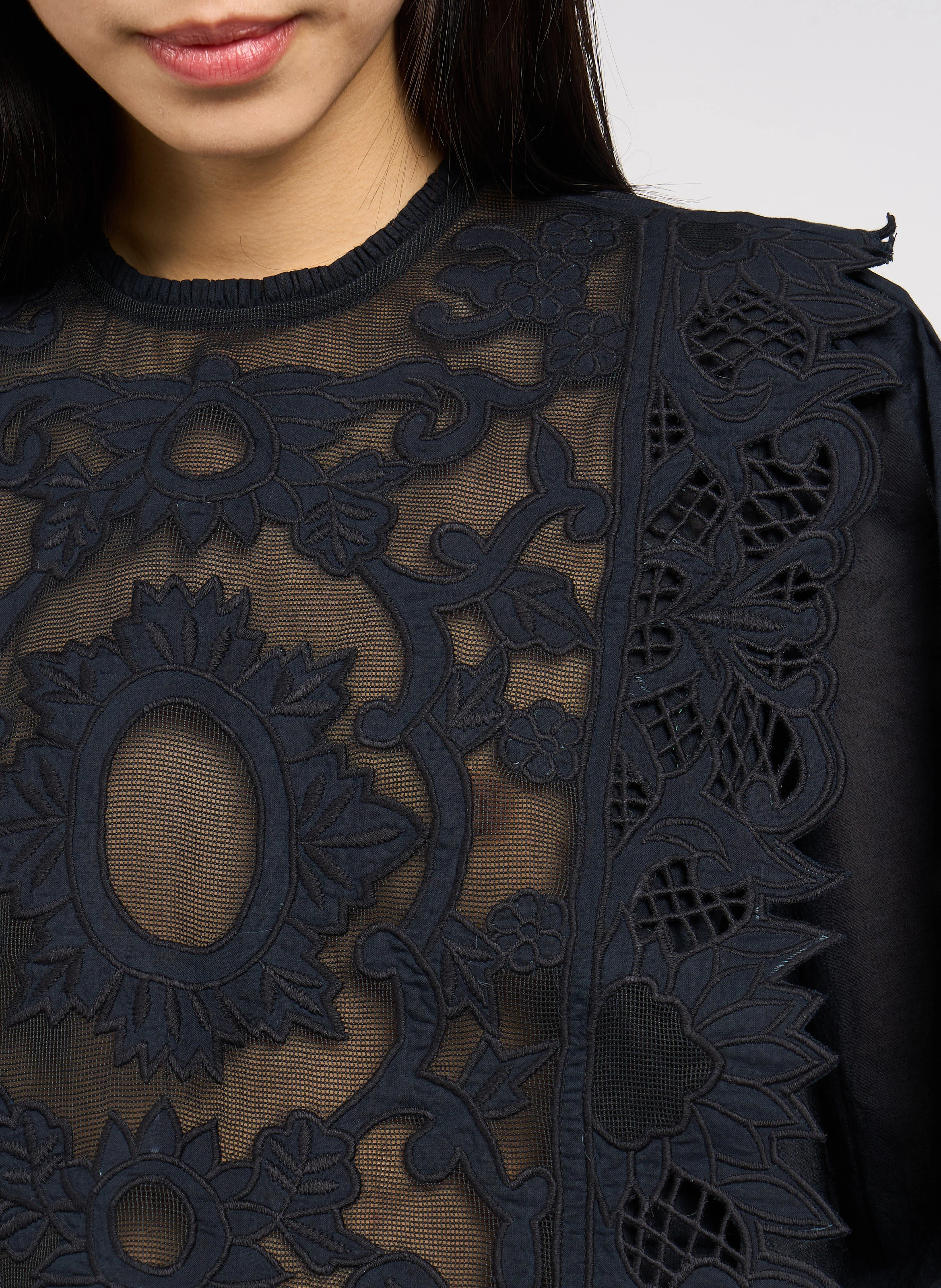 HEART - Top col rond brodé en voile de coton | Noir