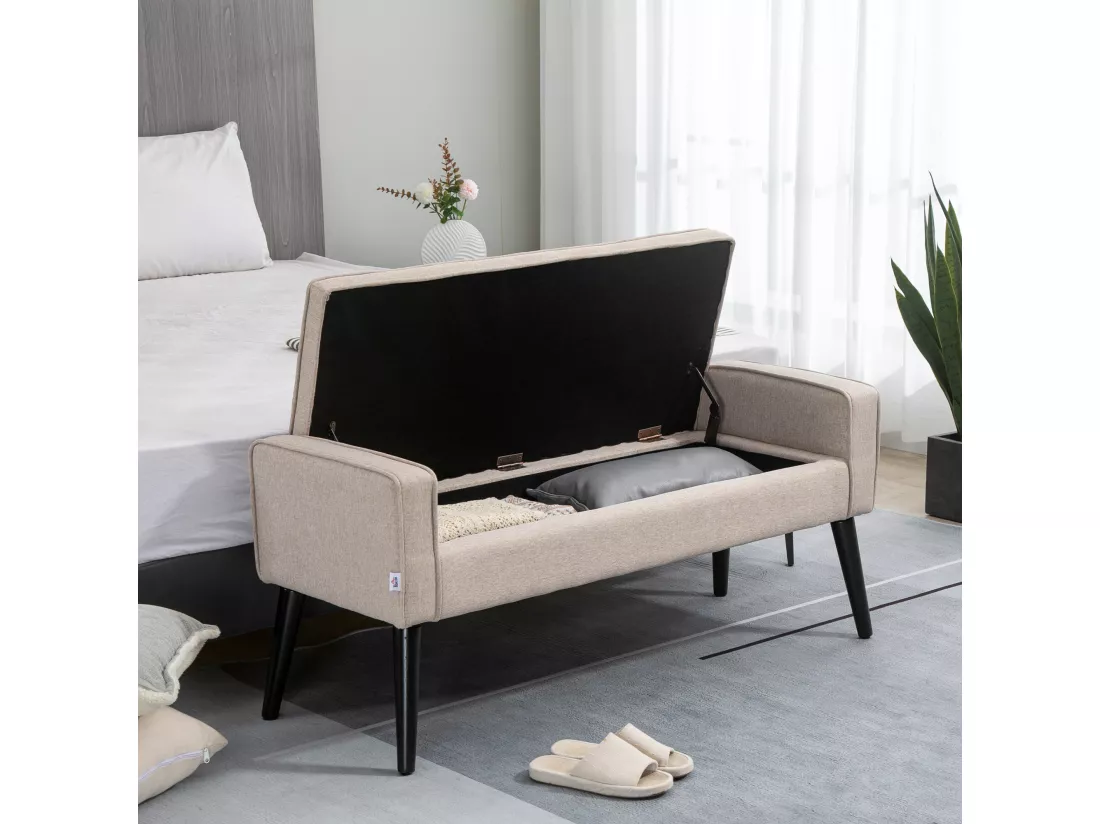 Banquette coffre de rangement 2 en 1 style contemporain pieds effilés bois d'hévéa noir aspect lin beige