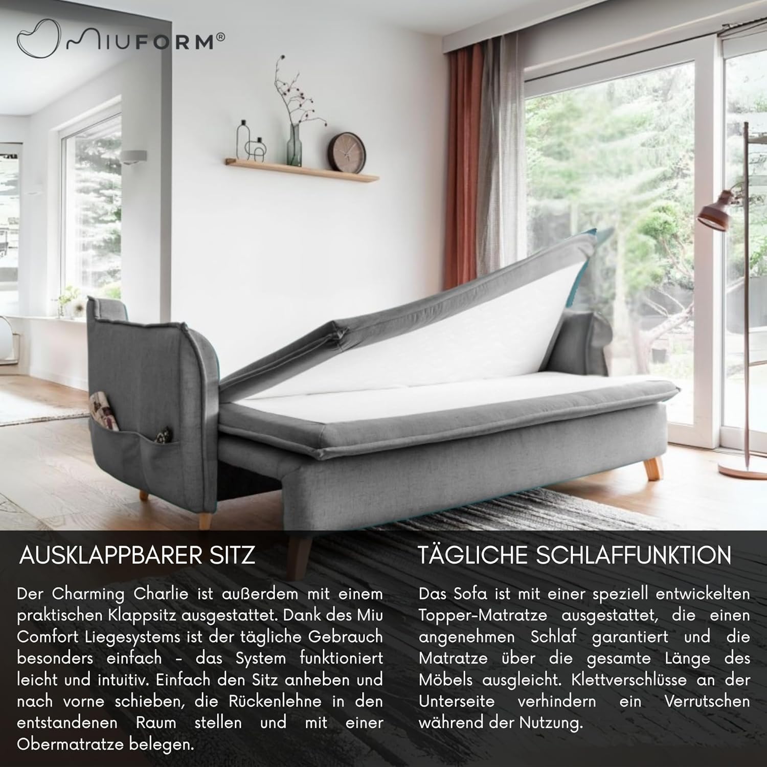 MIUFORM Charming Charlie Slim mit Bettkasten und mit Bettfunktion | 3 Sitzer Sofa | 225 x 90 x 85cm | Klappsofa mit Schlaffunktion | Schlafsofa klappbar (Grau)