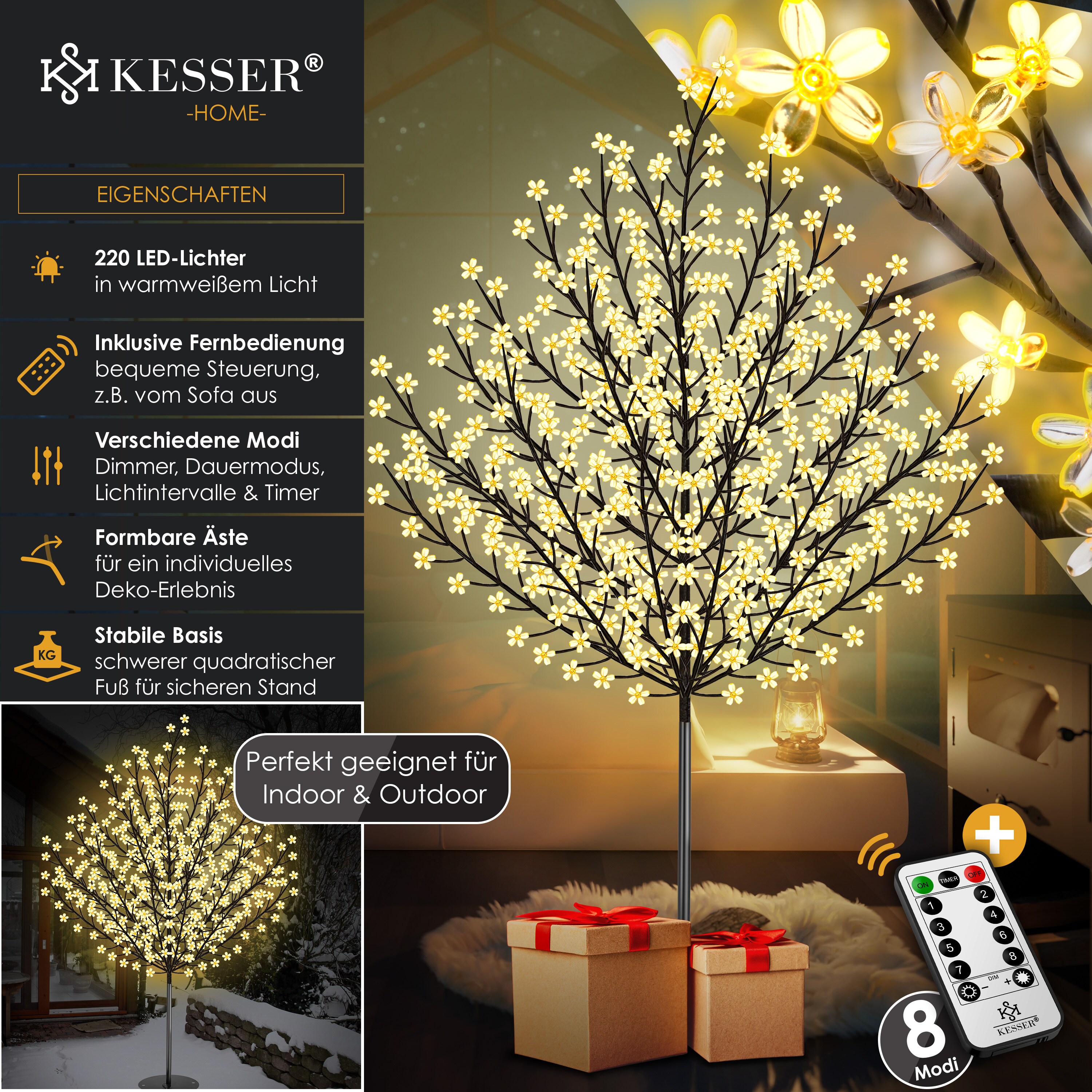 KESSER® Kirschblütenbaum mit Fernbedienung | Lichterbaum Indoor Outdoor Metallfuß Stabil | Weihnachten Beleuchtung LeuchtbaumWarmweiß