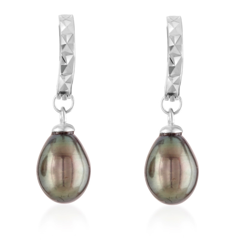 Boucles d'Oreilles pendantes Femme en argent 925/1000 et Perles de culture d'eau douce noires
