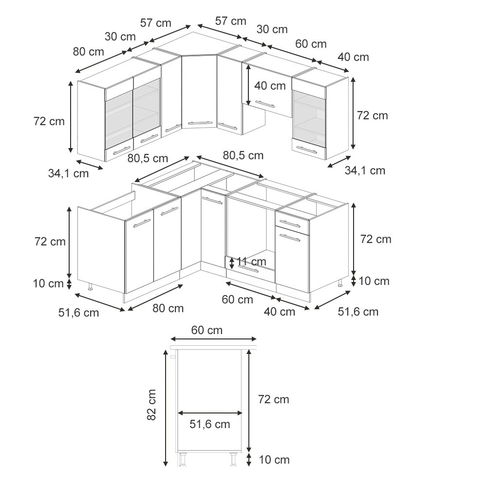 Vicco Eckküche Fame-Line Eiche Dunkelblau Hochglanz 160 x 190 cm mit Arbeitsplatte Weiß-Marmor