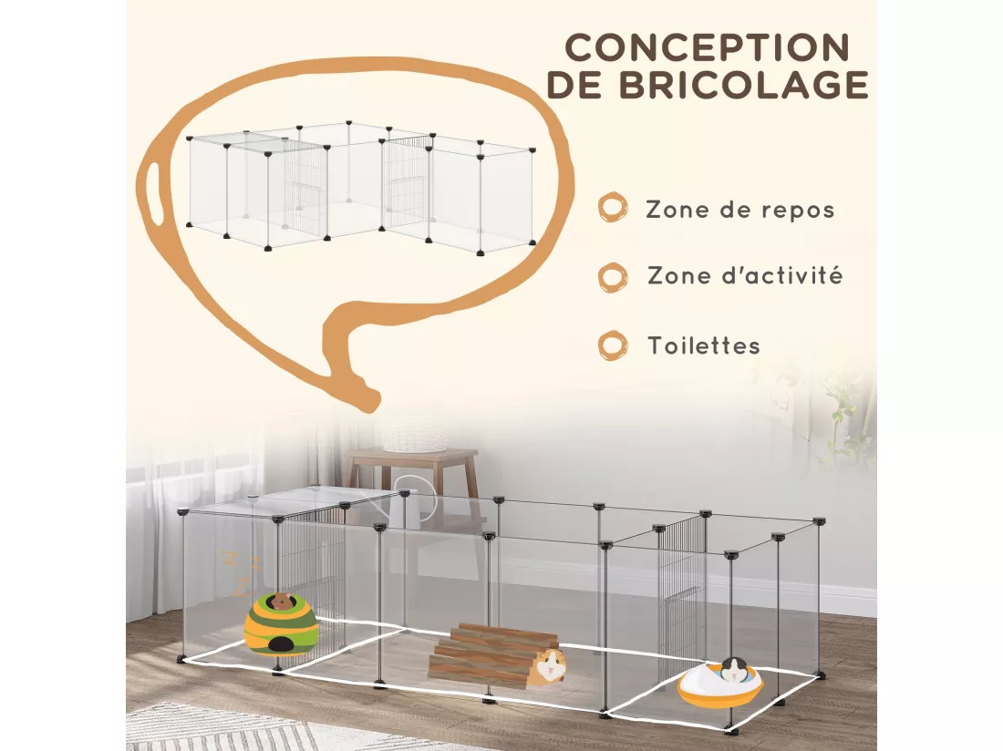 Enclos parc modulable petits animaux - 20 panneaux - dim. 175L x 70l x 45H cm - acier noir PP blanc