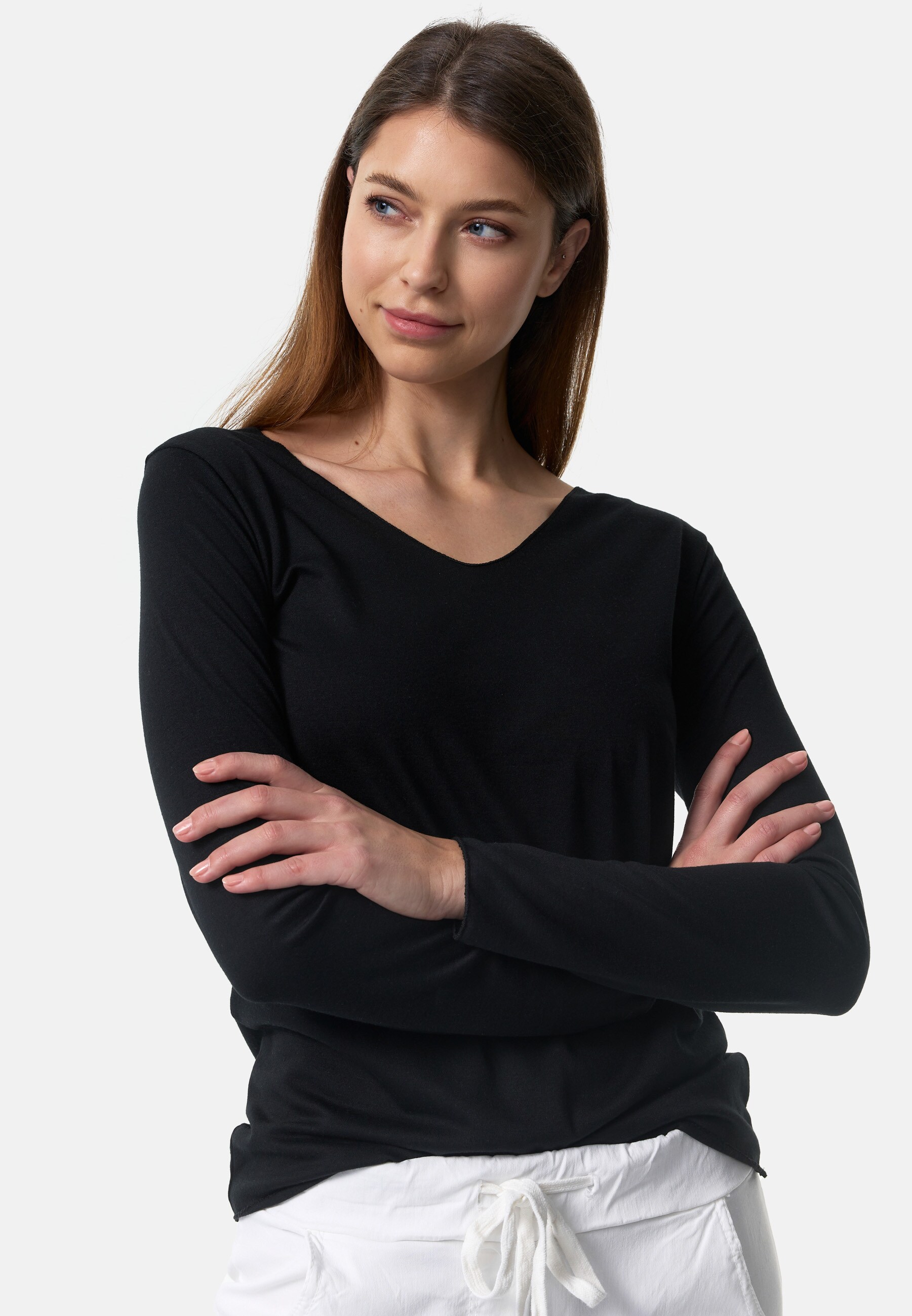PM SELECTED Damen Longsleeve Legeres Langarm Sommer Shirt mit V-Ausschnitt in Einheitsgröße PM16