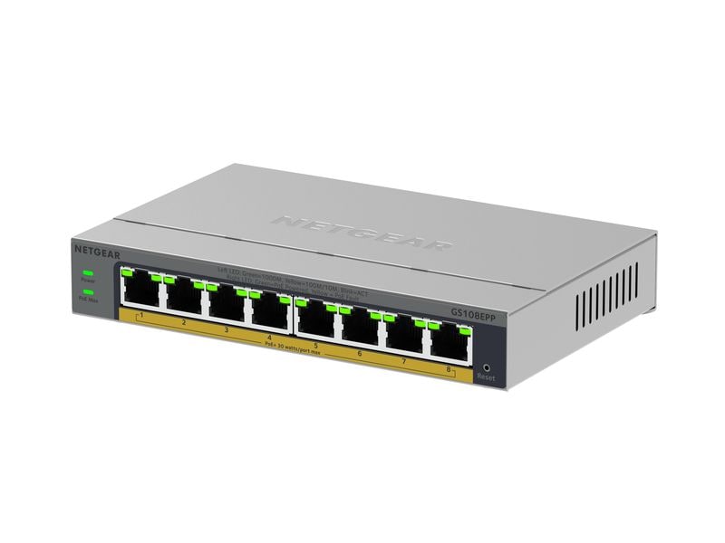 Netgear PoE  Switch GS108EPP-100EUS 8 Port 8-Port-Gigabit-Ethernet-Hochleistungs-PoE   Smart Managed Plus-Switch, PoE Budget 123 W, lüfterlos, Metallgehäuse