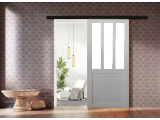 Porte Coulissante Atelier Blanc H204 X L93 + Rail Alu Bandeau Noir Et 2 Coquilles Noir Gd Menuiseries