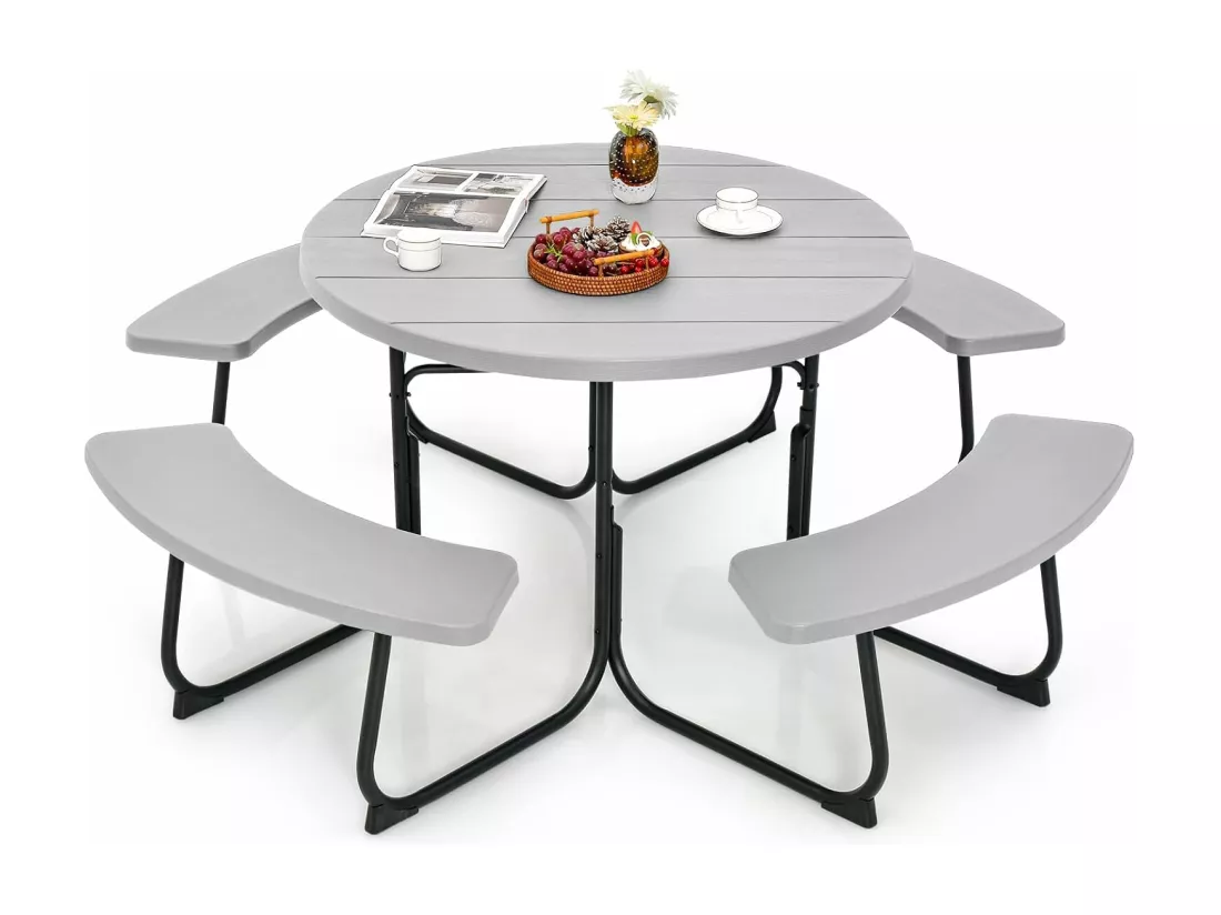 Ensemble Table de Pique-Nique avec 4 Bancs Intégrés, Ensemble de Jardin Table de Pique-Nique Circulaire 135KG Trou pour Parasol, pour Jardin Piscine, 190 x 76 cm,Gris