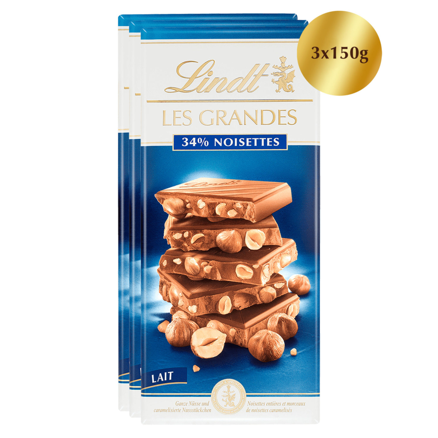 Lindt Tafelschokolade Grandes Noisettes & Lait Crémeux 3x150g
