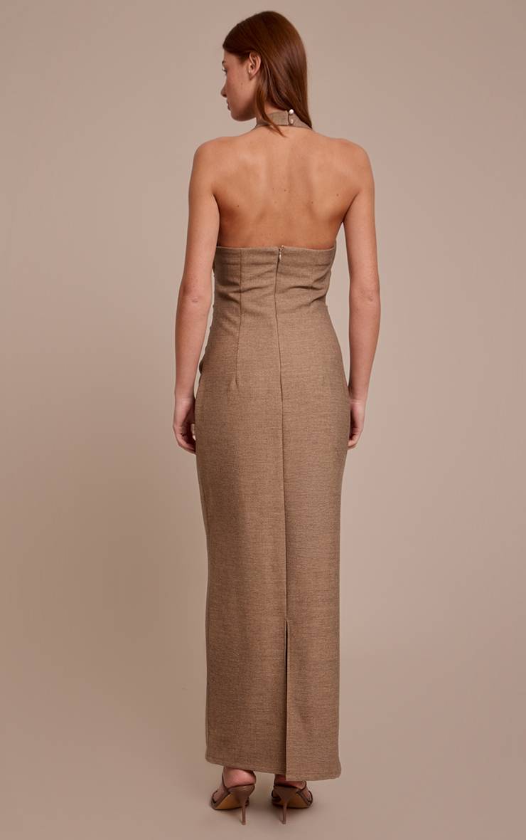 Taupe Robe Longue À Col Licou Avec Détails Froncés