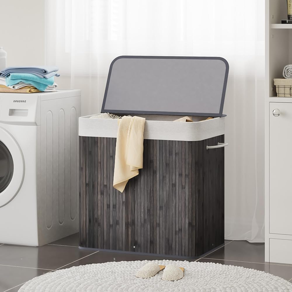 Mondeer Panier à Linge 150L avec Couvercle, 3 Compartiments，Corbeille en Bambou Naturel Boîte de Rangement à Linge Pliable avec Couvercle Amovible pour Buanderie, Chambre, 61.5 x 40 x 60 cm, Gris : Cuisine et Maison