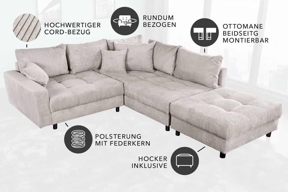 Modernes Ecksofa KENT 220cm beige Cord inkl. Hocker Federkern L-Form Wohnlandschaft