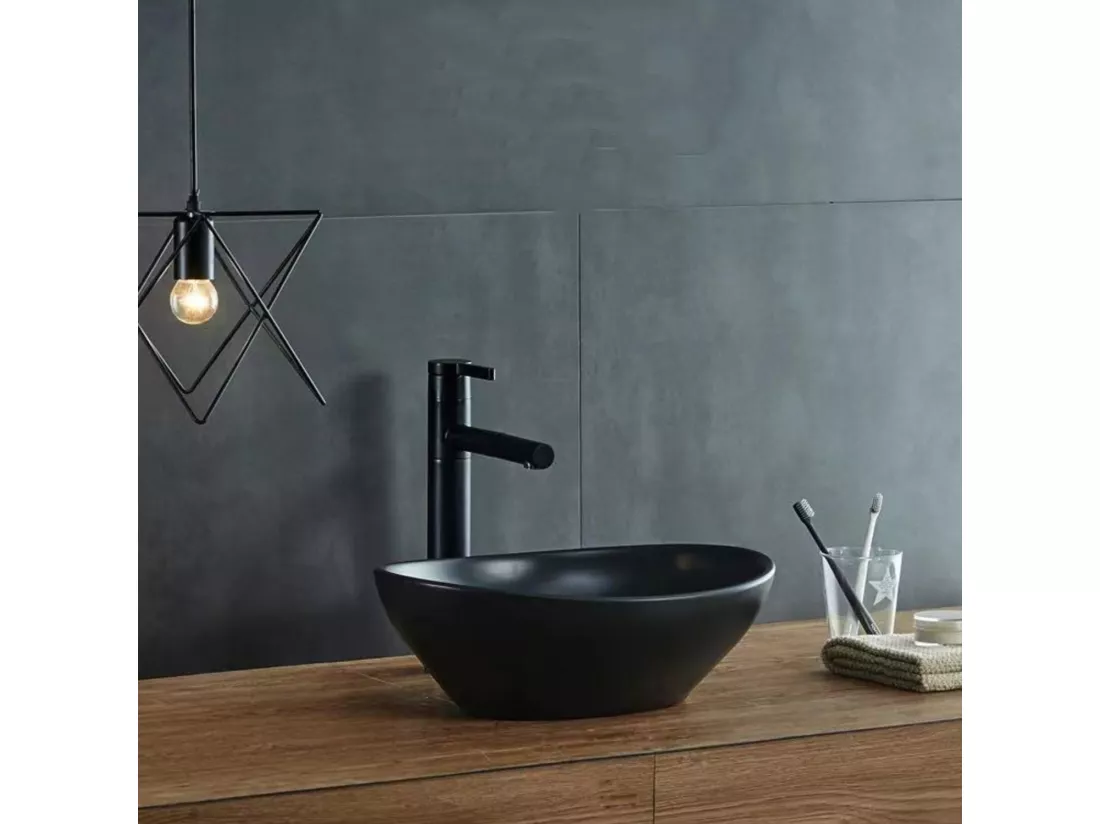 Lavabo Ovale Classique en Céramique,Bac à Laver Vasque à Poser Noir Mat,Évier de Salle de Bain - 41x34x14.5cm