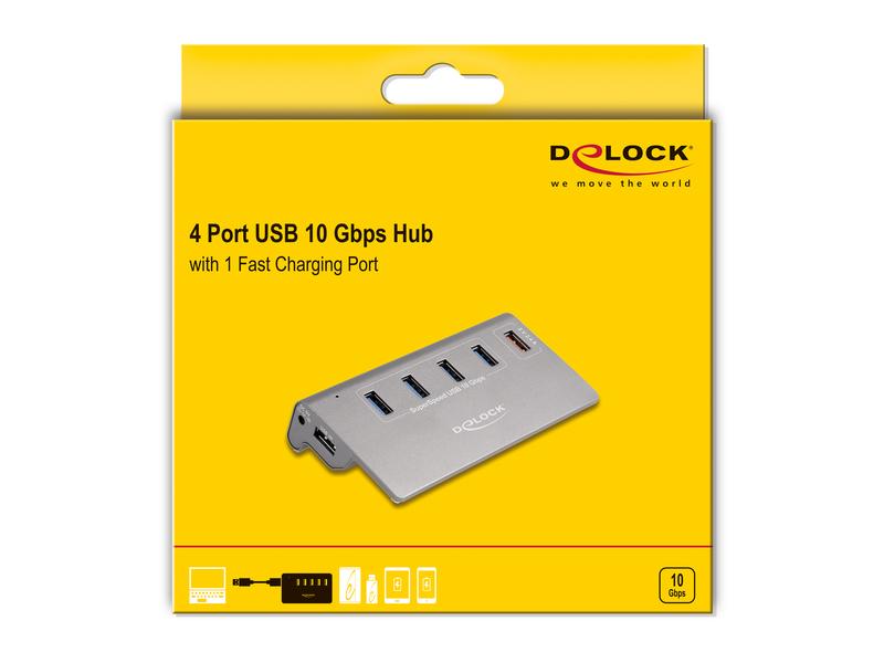 Delock USB-Hub 64182 USB 10 Gbps - 4x USB-A / 1x Schnelllad Delock USB 10 Gbps Hub mit 4 USB Typ-A Ports   1 Schnellladeport inkl. Netzteil
