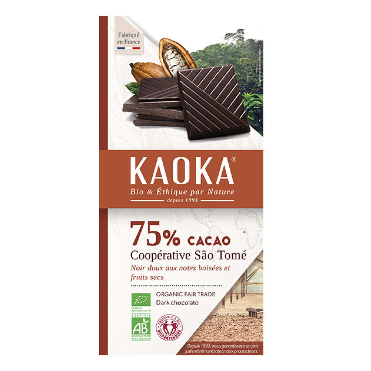 Tablette de chocolat noir 75% bio origine Sao Tomé