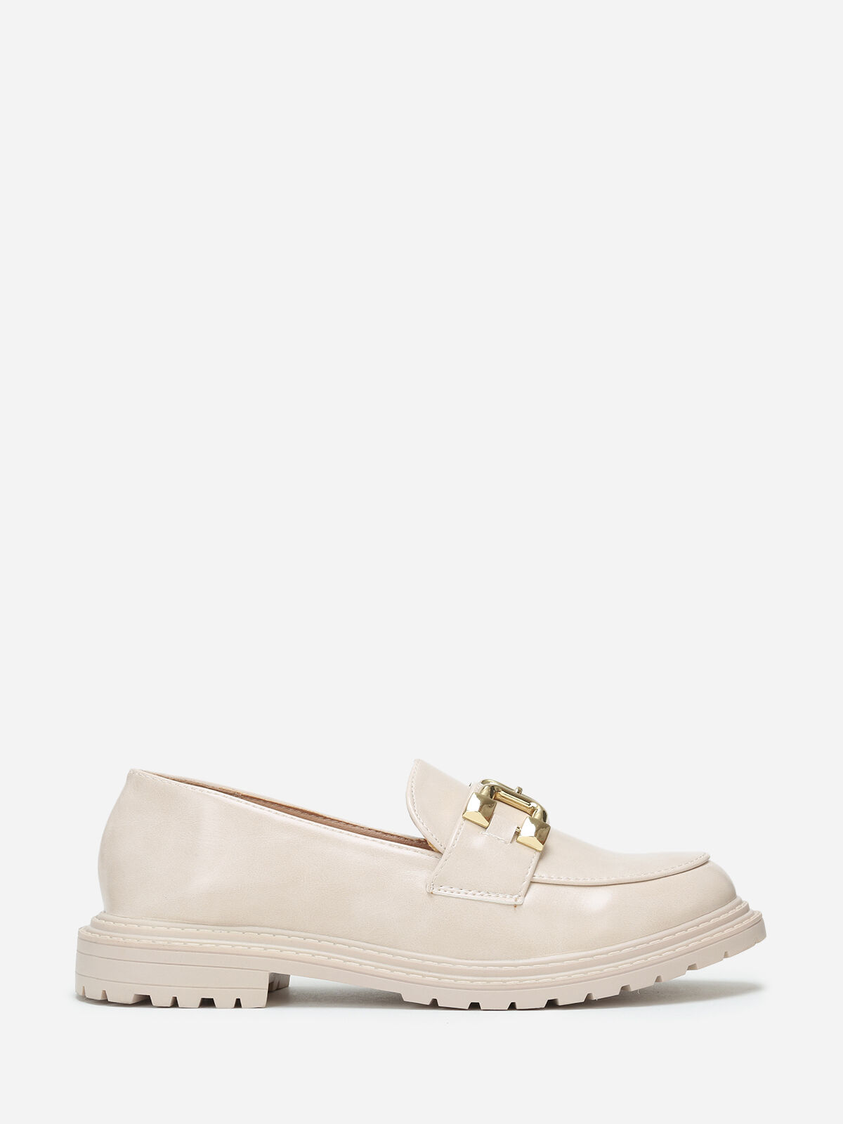 Mocassins crantés à boucle dorée en relief- Beige