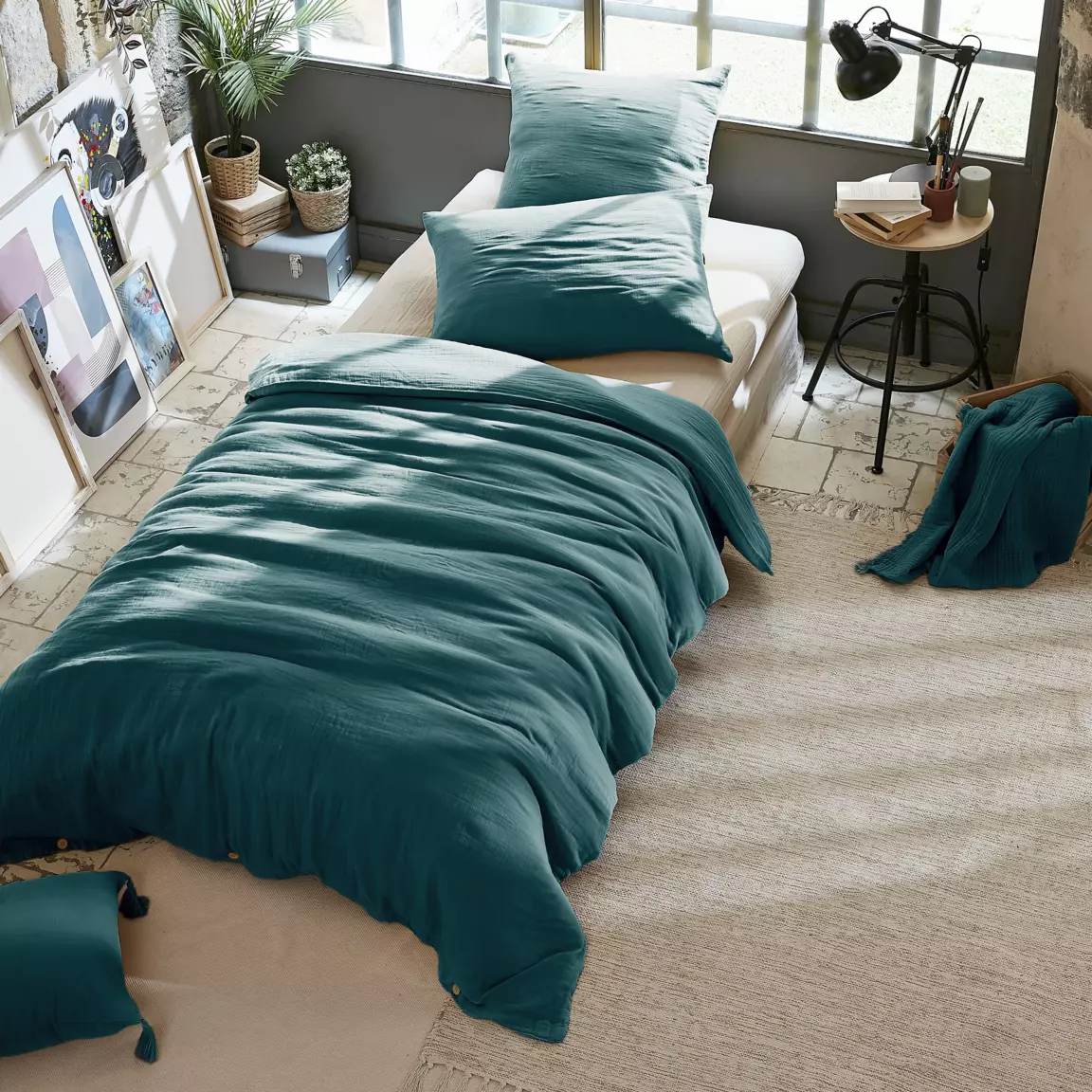 Housse de couette gaze de coton (140 x 200 cm) Gaïa Bleu canard
