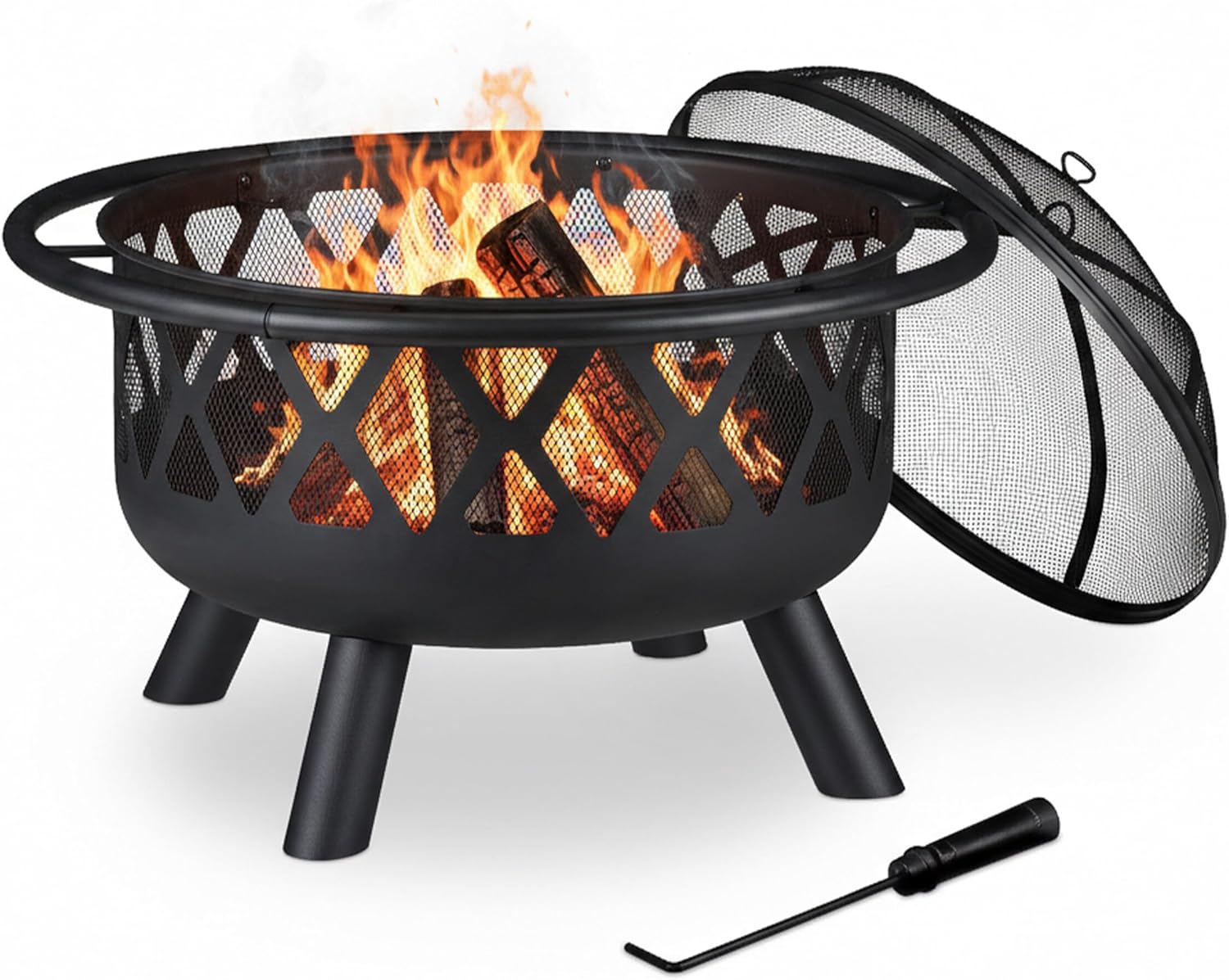 Relaxdays Feuerschale mit Funkenschutz, Garten & Terrasse, mit Schürhaken, Outdoor Feuerstelle, Stahl, Ø 63.5 cm, schwarz