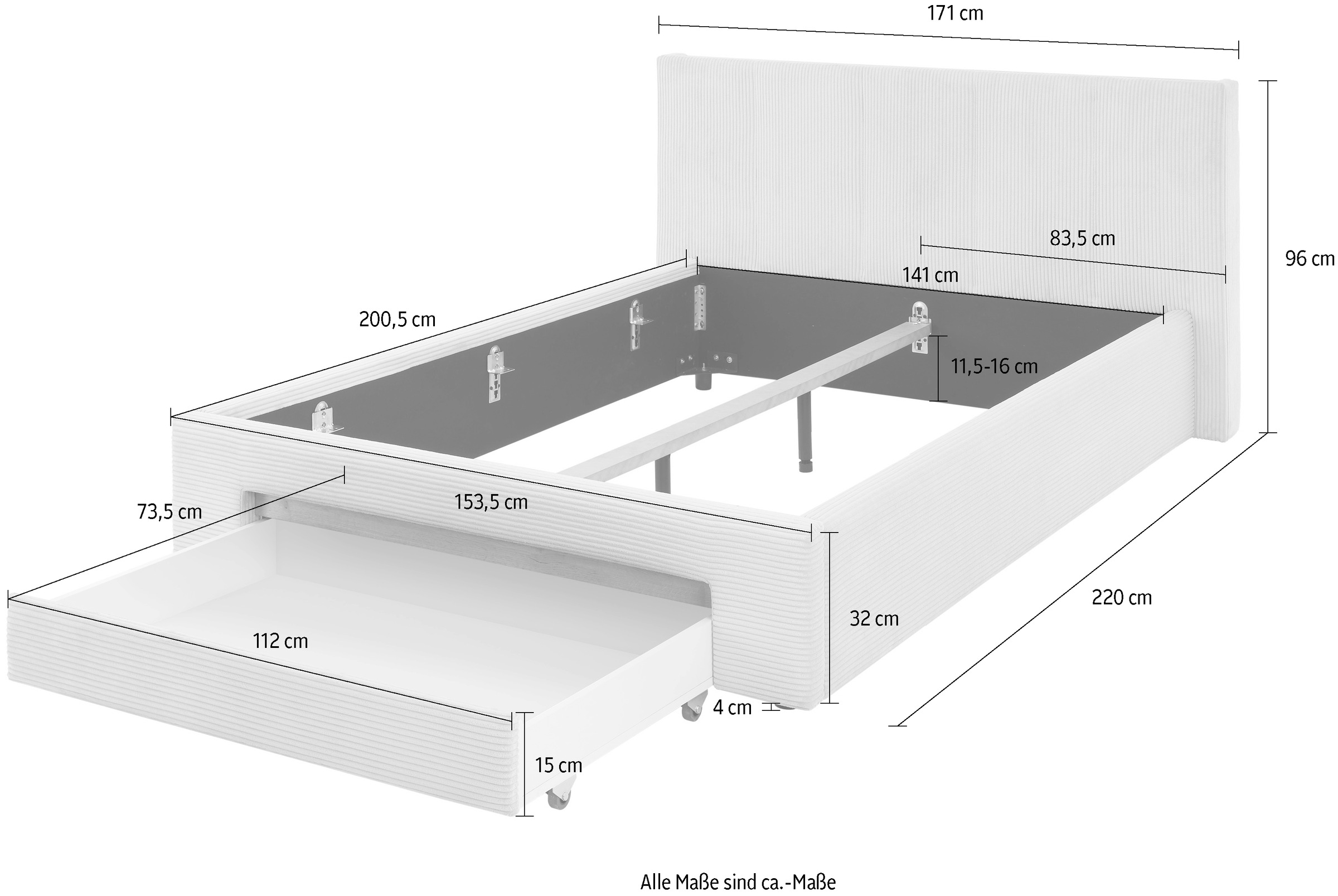 INOSIGN Polsterbett »CiTY/GiRON, Bettgestell mit Bettkasten, gepolstertes Stauraumbett« mit Hundebett oder Stauraumschublade, Bezug Cord-oder Leinenoptik