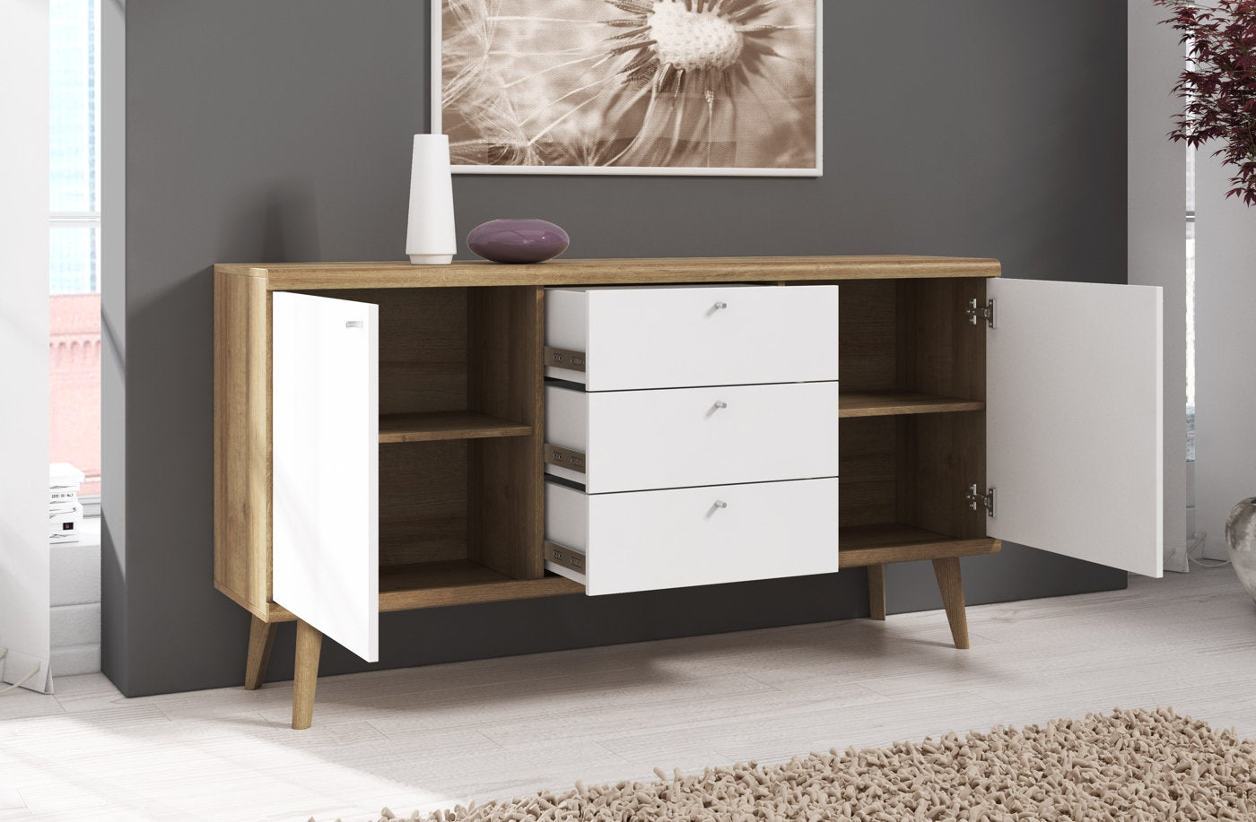 Primavera - Dressoir - Wit/licht eiken - 160x40x83 cm