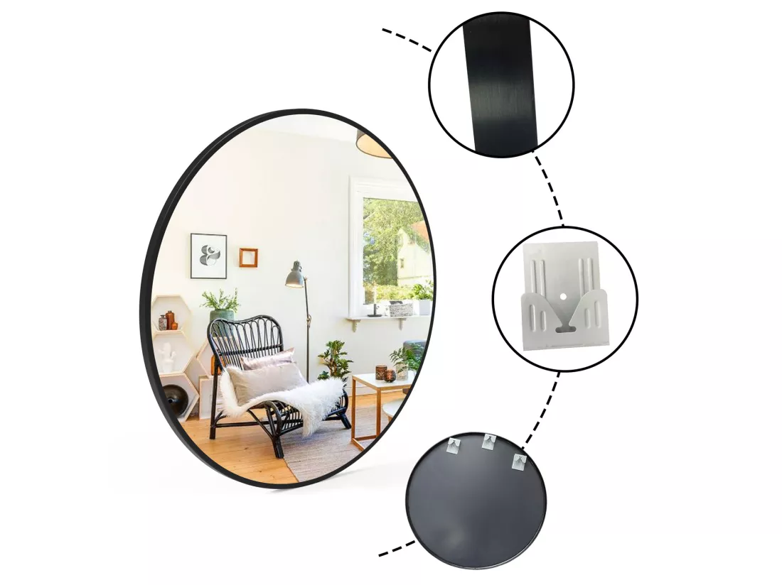 Miroir Mural de Salle de Bain Rond noir 50cm, cadre en aluminium miroir Aica
