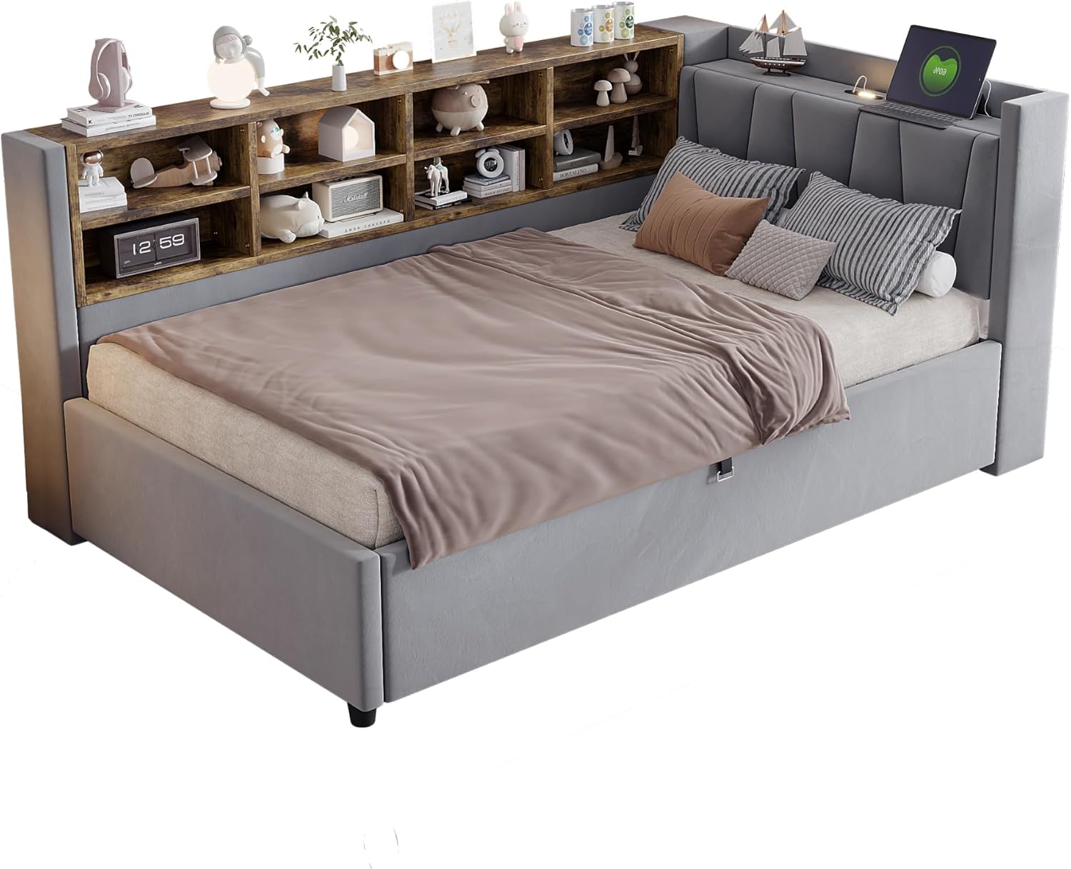Azkoeesy Schlafsofa aus Samt 90 x 200 cm, Polsterbett mit Stauraum und Lattenrost | USB & Typ-C | Bettkasten & Staufächern | Nachtlicht | Hydraulischem Multifunktionsbett (Hellgrau, 90 x 200 cm)