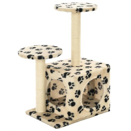 Arranhador bege para gatos com estampa de sisal e pegadas.