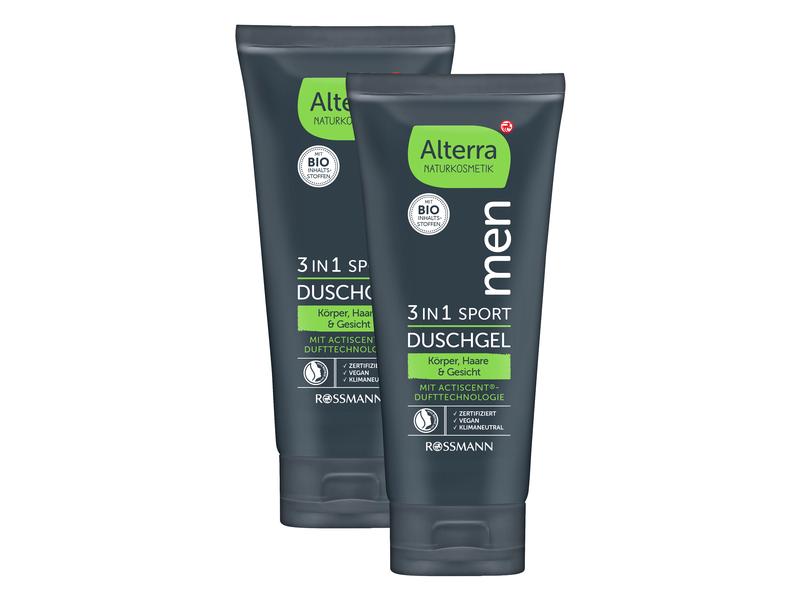 Alterra Duschgel Men 3 in 1 Sport 2 x 200 ml Natürliches Duschmittel mit würzigem Duft für Gesicht, Haare und Körper
