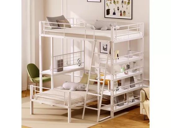 Lit superposé, cadre en métal, lit en mezzanine, 90*200, lit multifonctionnel avec plusieurs compartiments de rangement, blanc