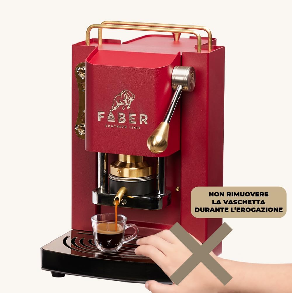 FABER COFFEE MACHINES | Modell Pro Mini Deluxe | Kaffeepadmaschine für 44 mm ESE-Pads | Einstellbare Padpresse aus Messing (CHERRY RED)