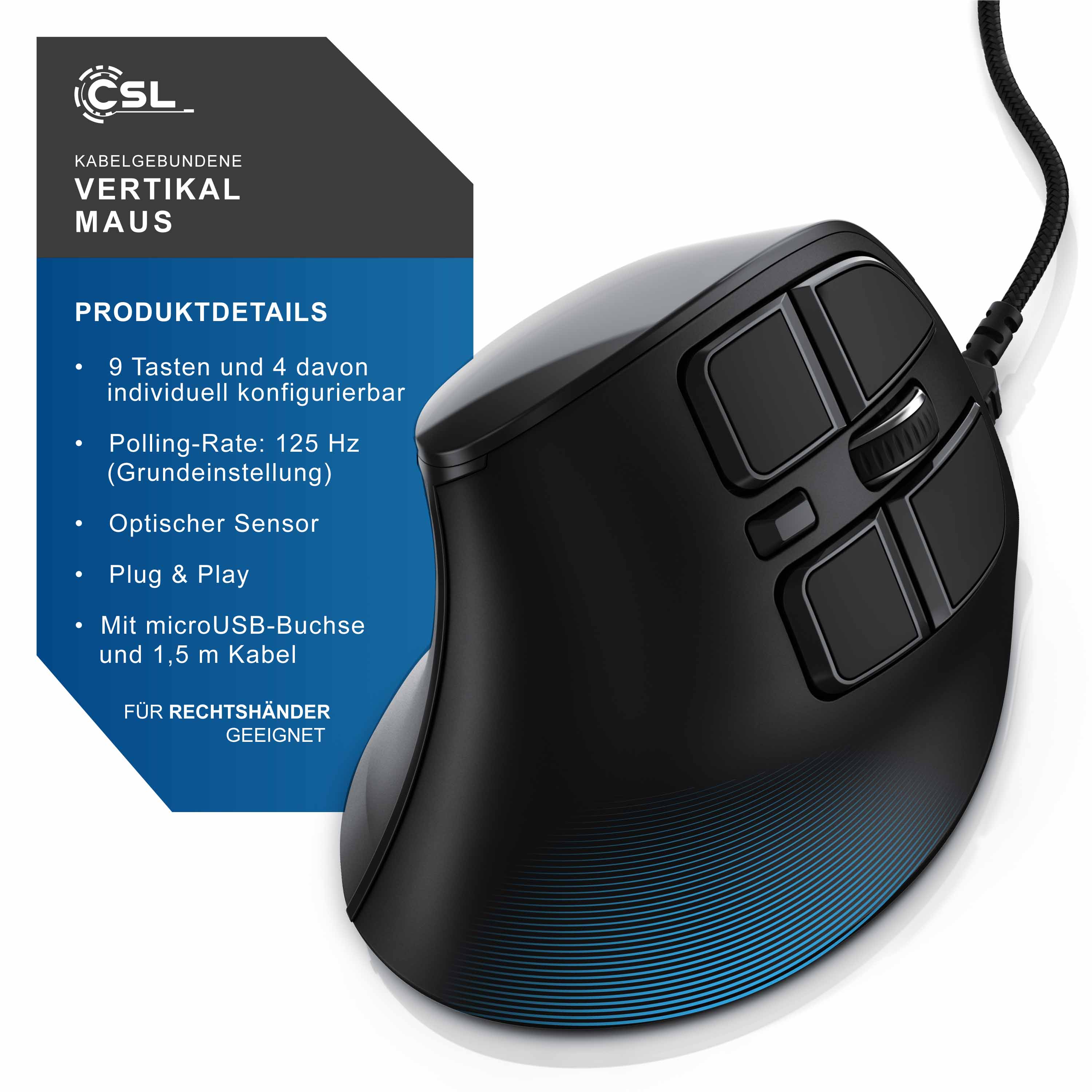 CSL ergonomische Maus kabelgebunden, 125 dpi, Vertikal Maus mit OLED-Display Konfigurierbare Tasten