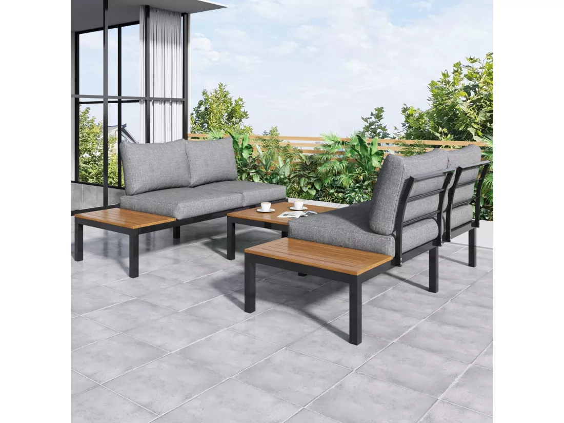 Salon de jardin en acier galvanisé, table basse et canapé modulable, pieds réglables, coussins gris