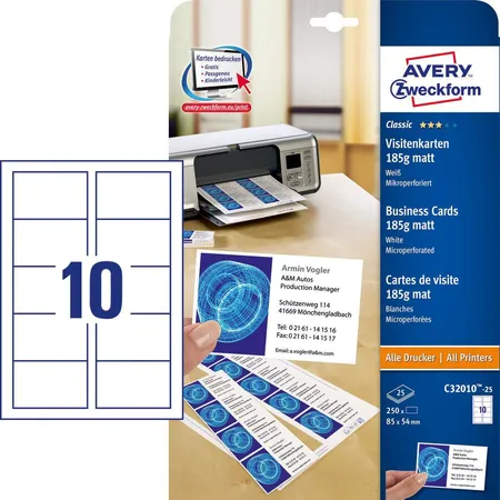 Avery Zweckform C32010-25 Classic Visitenkarten, 85 x 54 mm, beidseitig beschichtet, 250 Karten / 25 Bogen