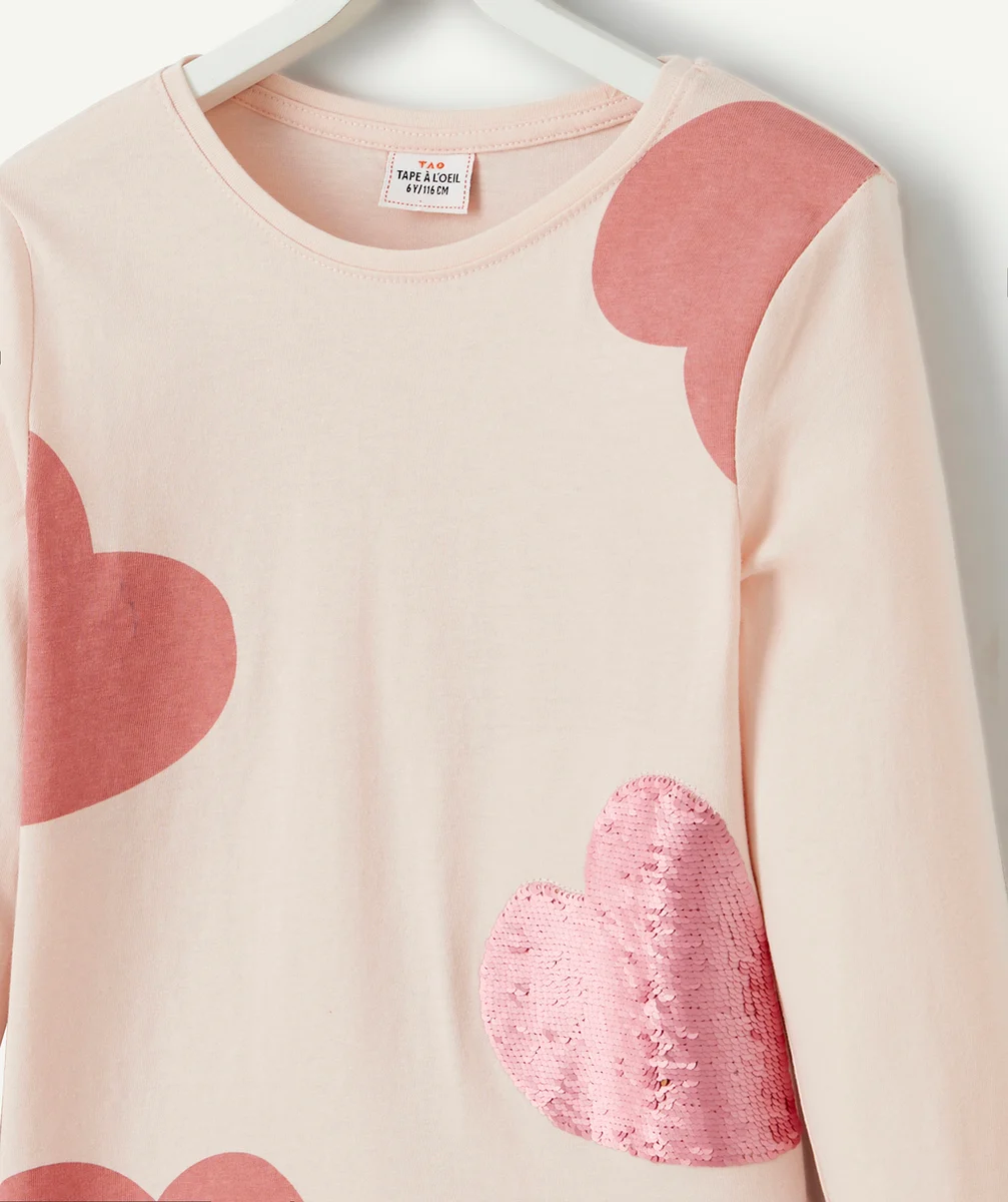 T-SHIRT FILLE EN COTON BIO ROSE AVEC COEURS ET SEQUINS