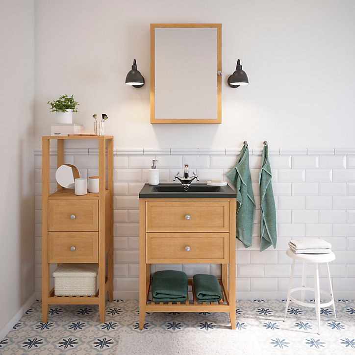 Meuble sous vasque à poser GoodHome Perma chêne 60 cm + Plan vasque GoodHome Nira noir