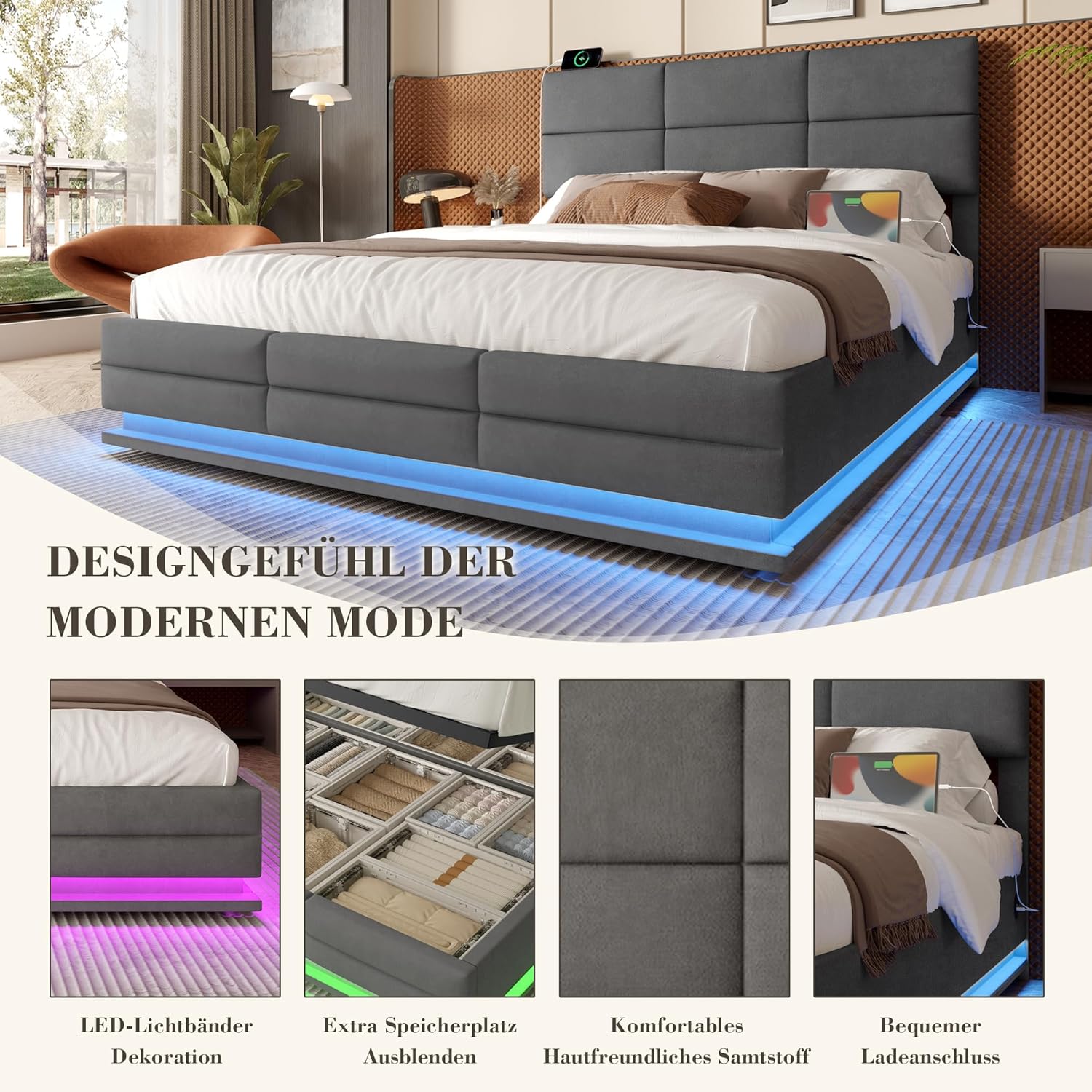 Polsterbett Doppelbett 180x200, LED Jugendbett Hydraulisches Stauraumbett mit Stauraum&USB Ladefunktion, Funktionsbett Bettgestell mit Höhenverstellbarem Kopfteil&Lattenrost, Samt, Ohne Matratze, Grau