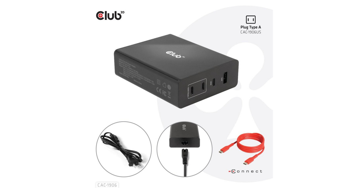 Club 3DTravel Charger 132W GAN technology  (Zwart, USB-A, USB-C, Power Delivery (PD) 3.0)