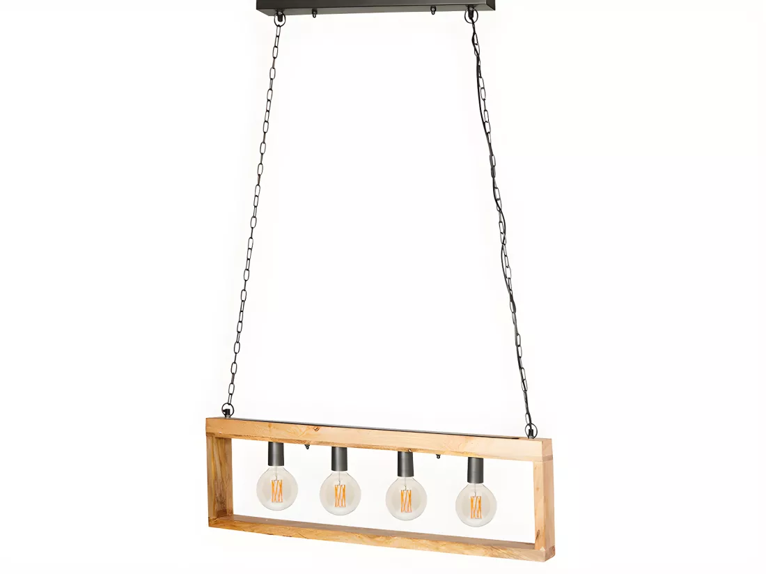 Suspension style industriel caisse rectangulaire en bois OLIUS - bois et métal -4 lampes - H. 31 x L.100 cm - naturel et noir