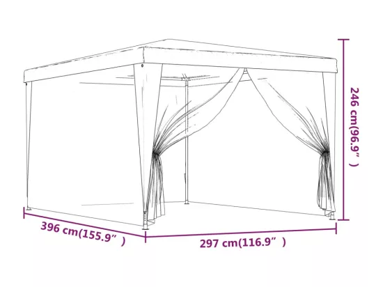 Tente de fête avec 4 parois latérales en maille Rouge 3x4m PEHD