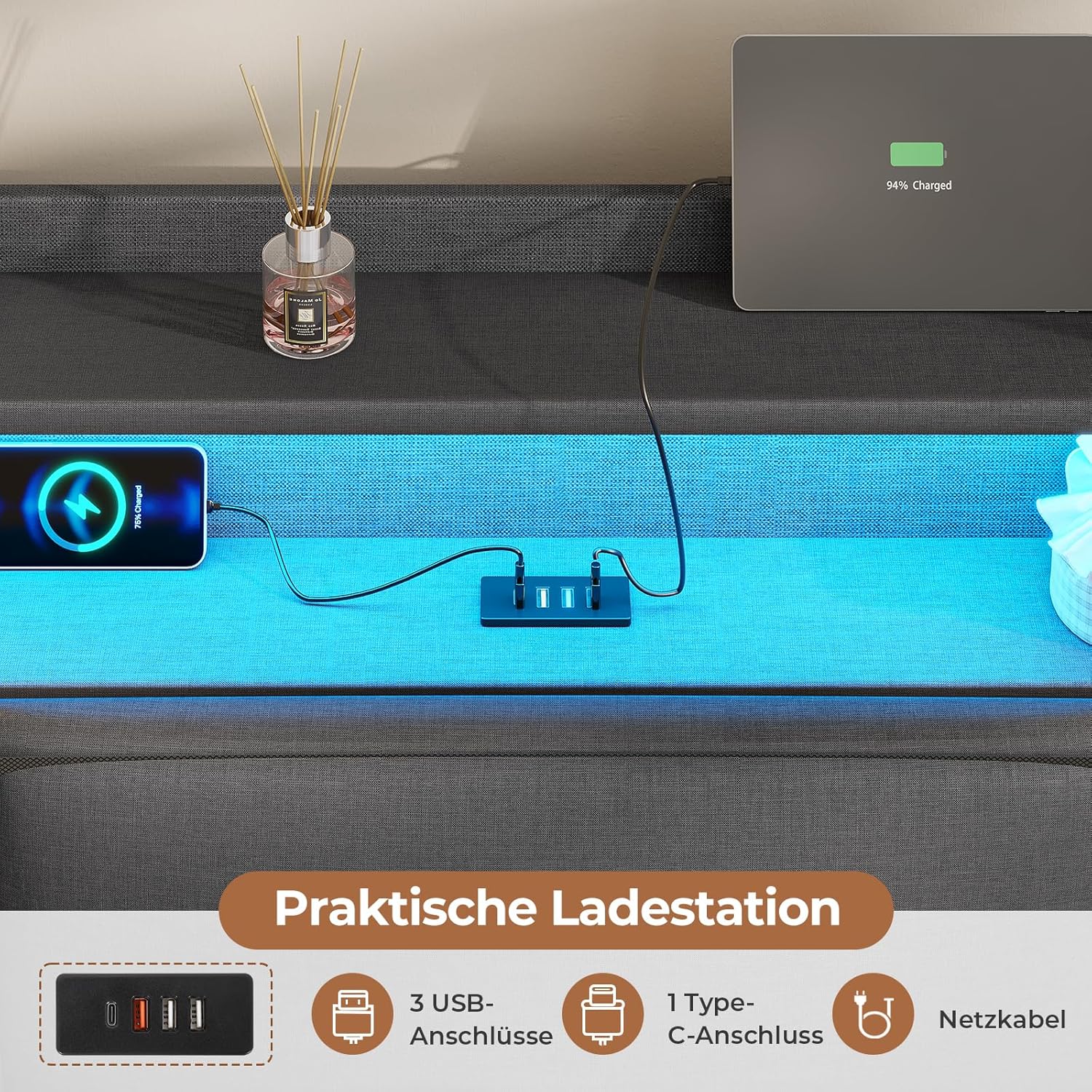 AOGLLATI Polsterbett 140×200 mit Steckdosen und LED-Beleuchtung, Doppelbett mit Stauraum Kopfteil, Bett 140×200 mit Hydraulische Stauraum und Lattenrost aus Holz, Linen, Dunkelgrau（Ohne Matratze）