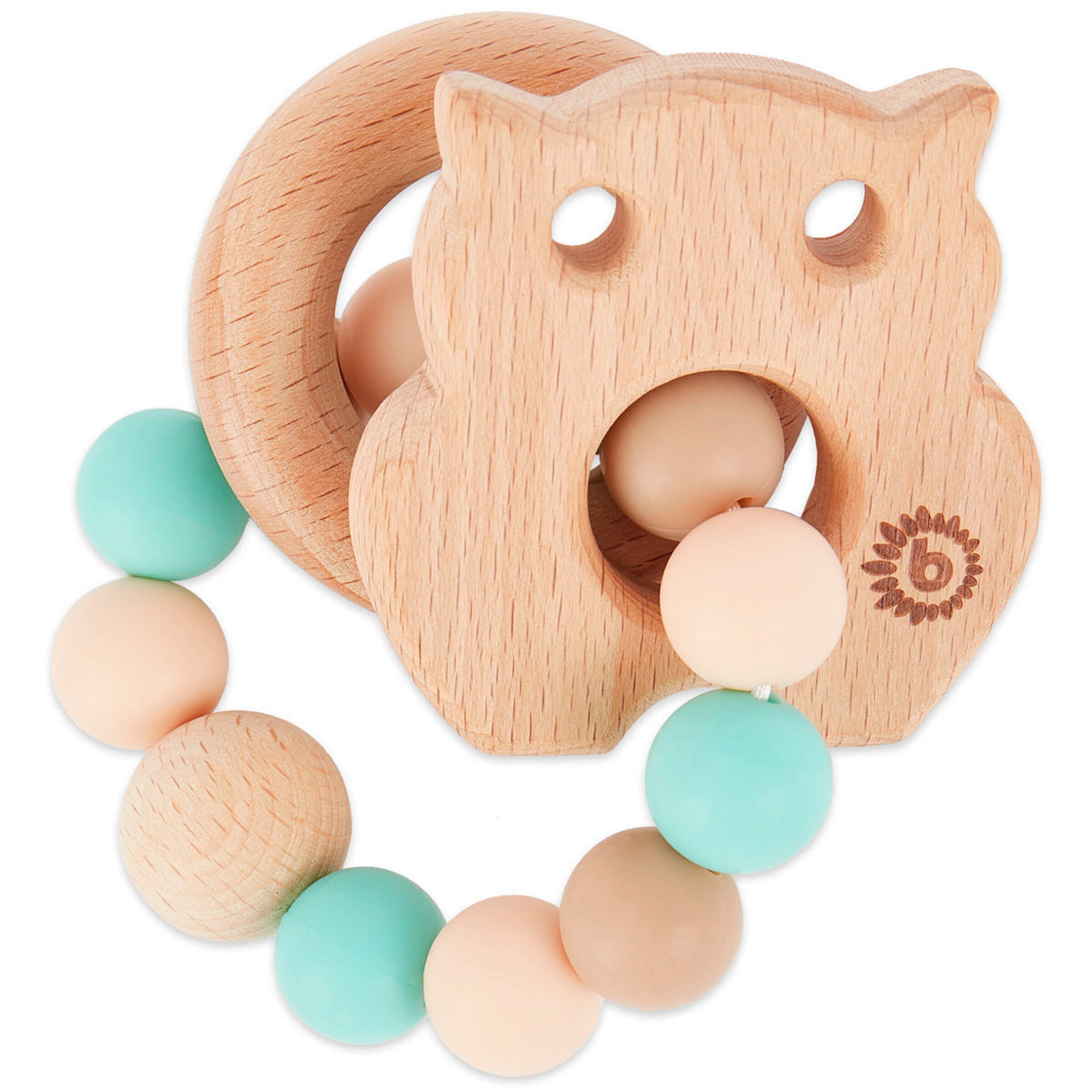 Bieco Greifling Holz Natur mit Silikon Kugel Eule - ab Geburt Blau