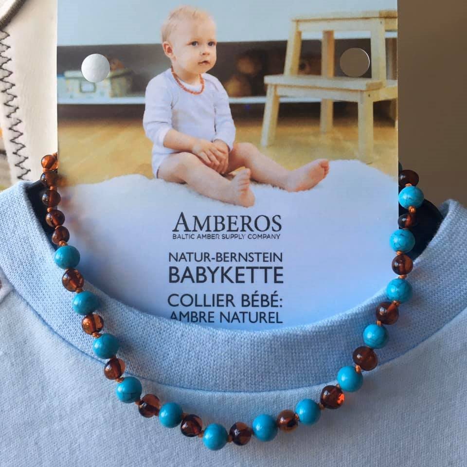 AMBEROS Natur Bernsteinkette mit Edelsteinen Baroque Cognac Turquoise 1 Stk