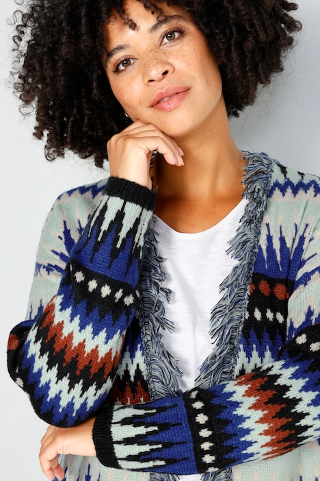 Long-Strickjacke, oversized, Zackenmuster, offene Form, Fransenkante